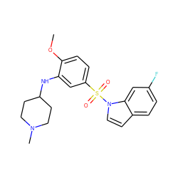 COc1ccc(S(=O)(=O)n2ccc3ccc(F)cc32)cc1NC1CCN(C)CC1 ZINC000095566163