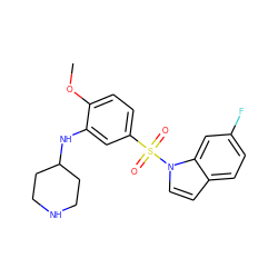 COc1ccc(S(=O)(=O)n2ccc3ccc(F)cc32)cc1NC1CCNCC1 ZINC000095564888