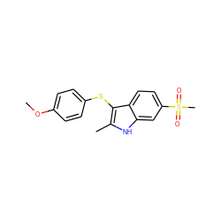 COc1ccc(Sc2c(C)[nH]c3cc(S(C)(=O)=O)ccc23)cc1 ZINC000028382190