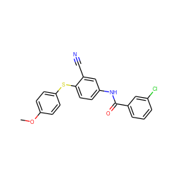 COc1ccc(Sc2ccc(NC(=O)c3cccc(Cl)c3)cc2C#N)cc1 ZINC000003104534