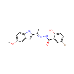 COc1ccc2[nH]c(/C(C)=N/NC(=O)c3cc(Br)ccc3O)cc2c1 ZINC000095564339