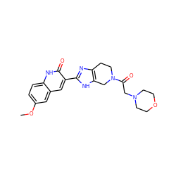 COc1ccc2[nH]c(=O)c(-c3nc4c([nH]3)CN(C(=O)CN3CCOCC3)CC4)cc2c1 ZINC000084616878