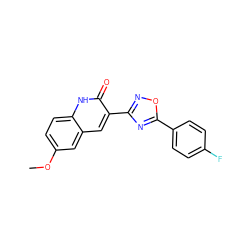 COc1ccc2[nH]c(=O)c(-c3noc(-c4ccc(F)cc4)n3)cc2c1 ZINC000013126269