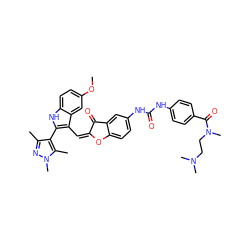 COc1ccc2[nH]c(-c3c(C)nn(C)c3C)c(/C=C3/Oc4ccc(NC(=O)Nc5ccc(C(=O)N(C)CCN(C)C)cc5)cc4C3=O)c2c1 ZINC000049775800