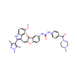 COc1ccc2[nH]c(-c3c(C)nn(C)c3C)c(/C=C3/Oc4ccc(NC(=O)Nc5ccc(C(=O)N6CCN(C)CC6)cc5)cc4C3=O)c2c1 ZINC000049775700