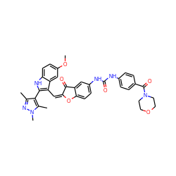 COc1ccc2[nH]c(-c3c(C)nn(C)c3C)c(/C=C3/Oc4ccc(NC(=O)Nc5ccc(C(=O)N6CCOCC6)cc5)cc4C3=O)c2c1 ZINC000049774680