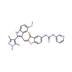 COc1ccc2[nH]c(-c3c(C)nn(C)c3C)c(/C=C3/Oc4ccc(NC(=O)Nc5cccnc5)cc4C3=O)c2c1 ZINC000049777189