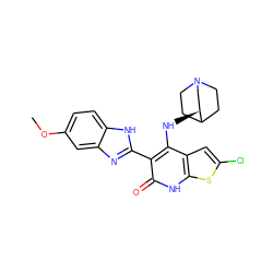 COc1ccc2[nH]c(-c3c(N[C@H]4CN5CCC4CC5)c4cc(Cl)sc4[nH]c3=O)nc2c1 ZINC000299830826