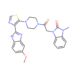 COc1ccc2[nH]c(-c3ncsc3N3CCN(C(=O)Cn4c(=O)n(C)c5ccccc54)CC3)nc2c1 ZINC000143770436