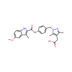 COc1ccc2[nH]c(C(=O)Nc3ccc(Cn4nc(C)c(CC(=O)O)c4C)cc3)c(C)c2c1 ZINC000169703180