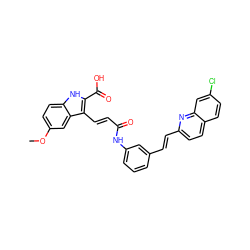 COc1ccc2[nH]c(C(=O)O)c(/C=C/C(=O)Nc3cccc(/C=C/c4ccc5ccc(Cl)cc5n4)c3)c2c1 ZINC000653816989