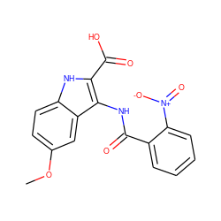 COc1ccc2[nH]c(C(=O)O)c(NC(=O)c3ccccc3[N+](=O)[O-])c2c1 ZINC000002319929