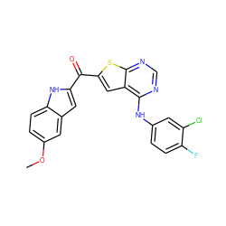 COc1ccc2[nH]c(C(=O)c3cc4c(Nc5ccc(F)c(Cl)c5)ncnc4s3)cc2c1 ZINC000073197997