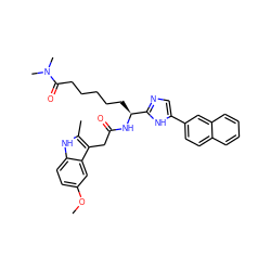 COc1ccc2[nH]c(C)c(CC(=O)N[C@@H](CCCCCC(=O)N(C)C)c3ncc(-c4ccc5ccccc5c4)[nH]3)c2c1 ZINC000044359981