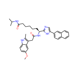 COc1ccc2[nH]c(C)c(CC(=O)N[C@@H](CCCCCC(=O)NC(C)C)c3ncc(-c4ccc5ccccc5c4)[nH]3)c2c1 ZINC000042804770