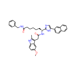 COc1ccc2[nH]c(C)c(CC(=O)N[C@@H](CCCCCC(=O)NCc3ccccc3)c3ncc(-c4ccc5ccccc5c4)[nH]3)c2c1 ZINC000044306282