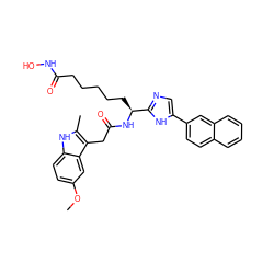 COc1ccc2[nH]c(C)c(CC(=O)N[C@@H](CCCCCC(=O)NO)c3ncc(-c4ccc5ccccc5c4)[nH]3)c2c1 ZINC000044306485