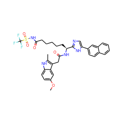 COc1ccc2[nH]c(C)c(CC(=O)N[C@@H](CCCCCC(=O)NS(=O)(=O)C(F)(F)F)c3ncc(-c4ccc5ccccc5c4)[nH]3)c2c1 ZINC000049898631