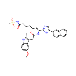 COc1ccc2[nH]c(C)c(CC(=O)N[C@@H](CCCCCC(=O)NS(C)(=O)=O)c3ncc(-c4ccc5ccccc5c4)[nH]3)c2c1 ZINC000042835286