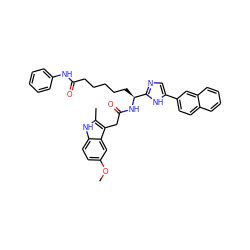 COc1ccc2[nH]c(C)c(CC(=O)N[C@@H](CCCCCC(=O)Nc3ccccc3)c3ncc(-c4ccc5ccccc5c4)[nH]3)c2c1 ZINC000042806779