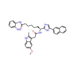 COc1ccc2[nH]c(C)c(CC(=O)N[C@@H](CCCCCC(=O)Nc3ccccc3N)c3ncc(-c4ccc5ccccc5c4)[nH]3)c2c1 ZINC000044386435