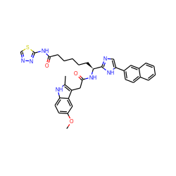 COc1ccc2[nH]c(C)c(CC(=O)N[C@@H](CCCCCC(=O)Nc3nncs3)c3ncc(-c4ccc5ccccc5c4)[nH]3)c2c1 ZINC000044351222