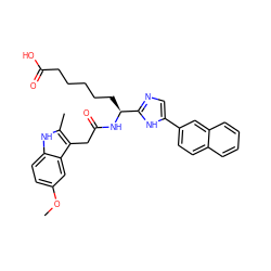 COc1ccc2[nH]c(C)c(CC(=O)N[C@@H](CCCCCC(=O)O)c3ncc(-c4ccc5ccccc5c4)[nH]3)c2c1 ZINC000044404390