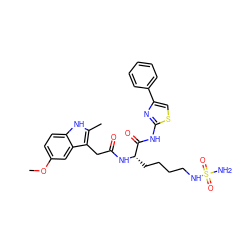 COc1ccc2[nH]c(C)c(CC(=O)N[C@@H](CCCCNS(N)(=O)=O)C(=O)Nc3nc(-c4ccccc4)cs3)c2c1 ZINC000049881669