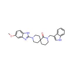 COc1ccc2[nH]c(N3CCC4(CCCN(Cc5c[nH]c6ccccc56)C4=O)CC3)nc2c1 ZINC000096173197