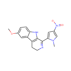 COc1ccc2[nH]c3c(c2c1)CCN=C3c1cc([N+](=O)[O-])cn1C ZINC000028889389