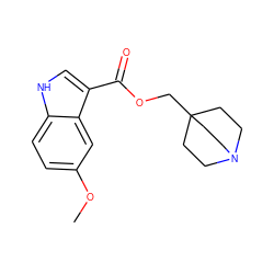 COc1ccc2[nH]cc(C(=O)OCC34CCN(CC3)CC4)c2c1 ZINC000059185345