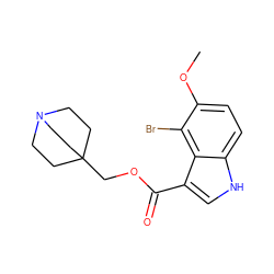 COc1ccc2[nH]cc(C(=O)OCC34CCN(CC3)CC4)c2c1Br ZINC001772617007