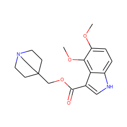 COc1ccc2[nH]cc(C(=O)OCC34CCN(CC3)CC4)c2c1OC ZINC001772657925