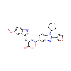 COc1ccc2[nH]cc(C[C@H](NC(=O)c3ccc4c(c3)nc(-c3ccoc3)n4C3CCCCC3)C(=O)O)c2c1 ZINC000028091853