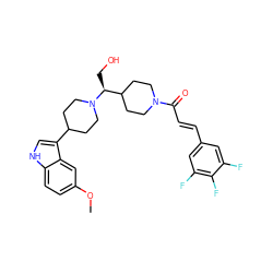 COc1ccc2[nH]cc(C3CCN([C@@H](CO)C4CCN(C(=O)/C=C/c5cc(F)c(F)c(F)c5)CC4)CC3)c2c1 ZINC000029044506