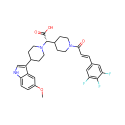 COc1ccc2[nH]cc(C3CCN([C@H](C(=O)O)C4CCN(C(=O)/C=C/c5cc(F)c(F)c(F)c5)CC4)CC3)c2c1 ZINC000028824831