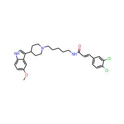 COc1ccc2[nH]cc(C3CCN(CCCCCNC(=O)/C=C/c4ccc(Cl)c(Cl)c4)CC3)c2c1 ZINC000029474608