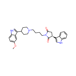 COc1ccc2[nH]cc(C3CCN(CCCCN4C(=O)C[C@@H](c5c[nH]c6ccccc56)C4=O)CC3)c2c1 ZINC000096258479