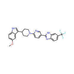 COc1ccc2[nH]cc(C3CCN(c4ccc(-c5nc6ccc(C(F)(F)F)cc6[nH]5)cn4)CC3)c2c1 ZINC001772618393