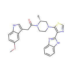 COc1ccc2[nH]cc(CC(=O)N3CCN(c4scnc4-c4nc5ccccc5[nH]4)C[C@H]3C)c2c1 ZINC001772613636