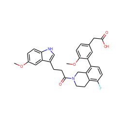 COc1ccc2[nH]cc(CCC(=O)N3CCc4c(F)ccc(-c5cc(CC(=O)O)ccc5OC)c4C3)c2c1 ZINC000144087758