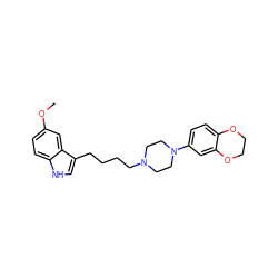 COc1ccc2[nH]cc(CCCCN3CCN(c4ccc5c(c4)OCCO5)CC3)c2c1 ZINC000013582406