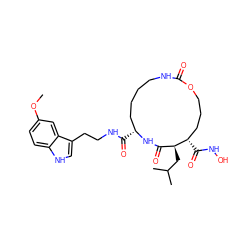 COc1ccc2[nH]cc(CCNC(=O)[C@@H]3CCCCNC(=O)OCCC[C@H](C(=O)NO)[C@@H](CC(C)C)C(=O)N3)c2c1 ZINC000026579163