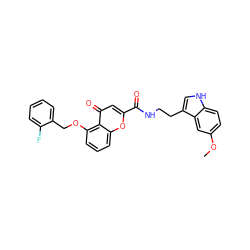 COc1ccc2[nH]cc(CCNC(=O)c3cc(=O)c4c(OCc5ccccc5F)cccc4o3)c2c1 ZINC001772601896