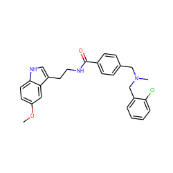 COc1ccc2[nH]cc(CCNC(=O)c3ccc(CN(C)Cc4ccccc4Cl)cc3)c2c1 ZINC000169341971