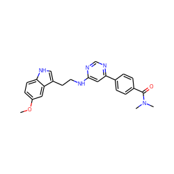 COc1ccc2[nH]cc(CCNc3cc(-c4ccc(C(=O)N(C)C)cc4)ncn3)c2c1 ZINC000004266359