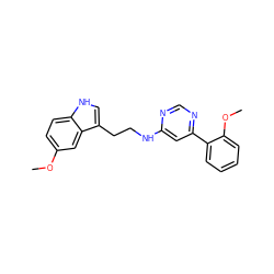 COc1ccc2[nH]cc(CCNc3cc(-c4ccccc4OC)ncn3)c2c1 ZINC000004266105