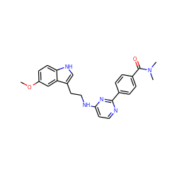 COc1ccc2[nH]cc(CCNc3ccnc(-c4ccc(C(=O)N(C)C)cc4)n3)c2c1 ZINC000004266141
