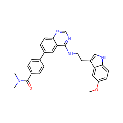 COc1ccc2[nH]cc(CCNc3ncnc4ccc(-c5ccc(C(=O)N(C)C)cc5)cc34)c2c1 ZINC000004268097