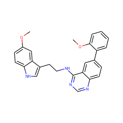 COc1ccc2[nH]cc(CCNc3ncnc4ccc(-c5ccccc5OC)cc34)c2c1 ZINC000004265185